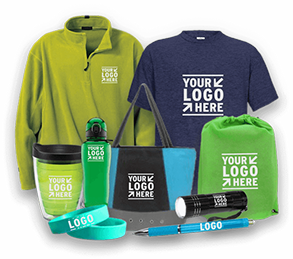 Sample of branded promotional products including apparel, bags and drinkware